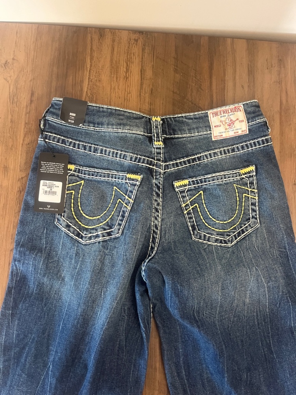 True Religion Women's Dark Blue Boot Cut Jeans with Yellow Stitching